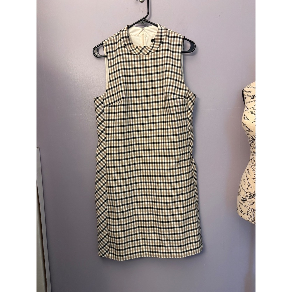 Ann Taylor Womens Plaid Sleeveless Shift Dress‎ Tan Black Mock Neck Size 10